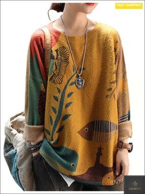 Oversized Cat Print Pullover Sweater Loose Knit Top